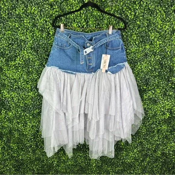 Nwt Micas Denim Mesh Patchwork High Waist denim and tulle Skirt - Picture 9 of 17
